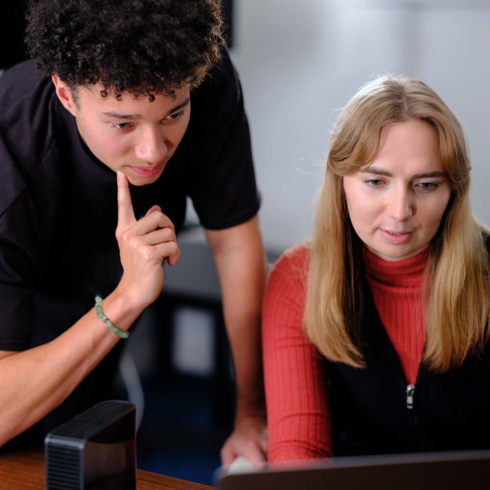 two colleagues looking at a laptop analysing data together two colleagues looking at a laptop analysing data together